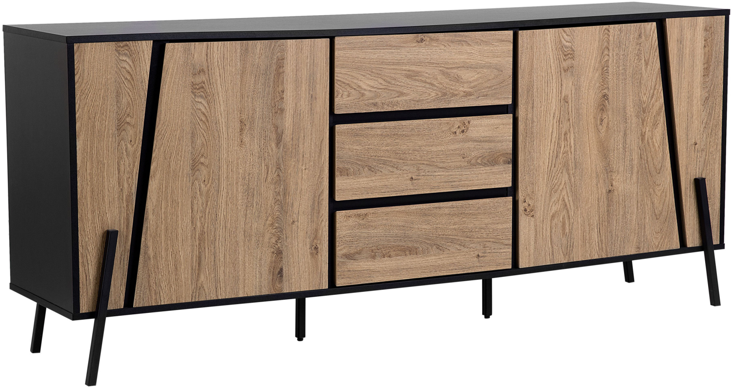 Sideboard heller Holzfarbton / schwarz 3 Schubladen 2 Schränke BLACKPOOL Bild 1