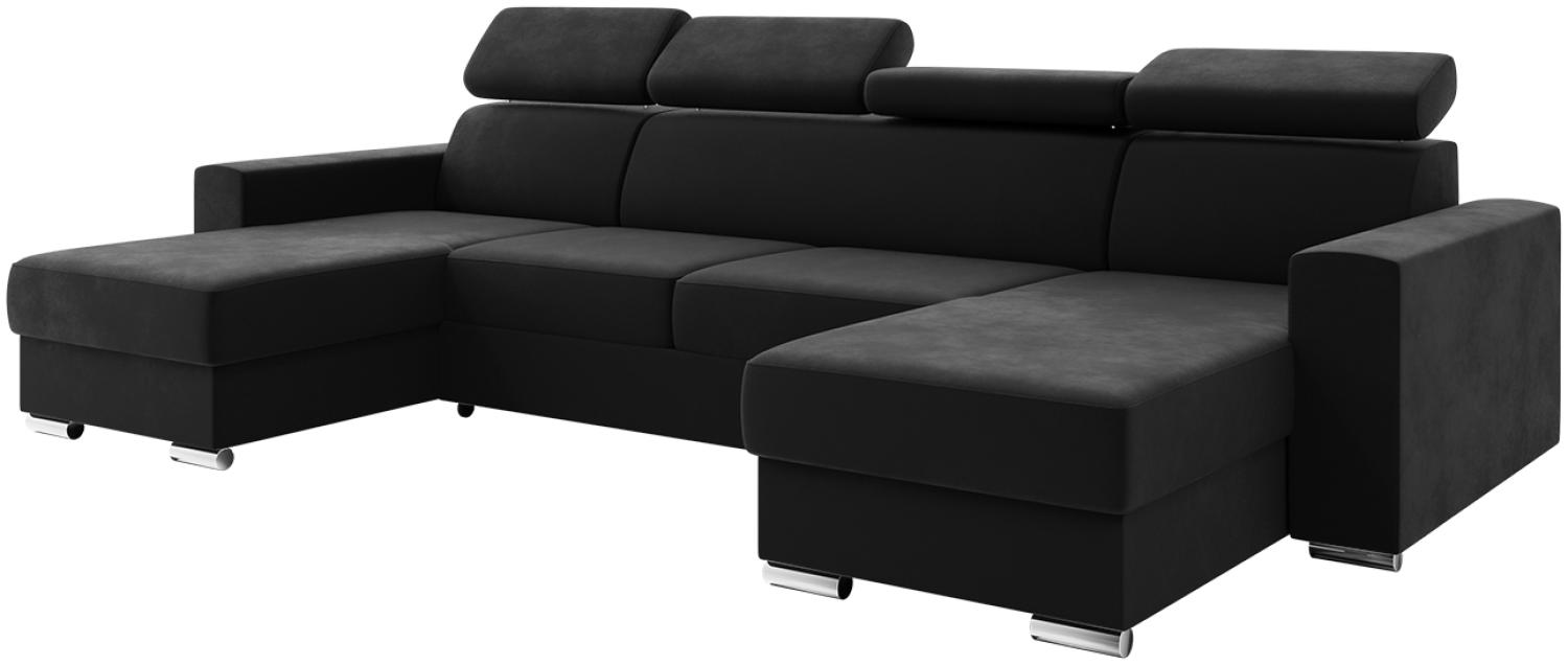 MEBLINI Schlafcouch mit Bettkasten - VOSS - 306x168x79cm - Schwarz Samt - Ecksofa mit Schlaffunktion - Sofa mit Relaxfunktion und Kopfstützen - Couch U-Form - Eckcouch - Wohnlandschaft Bild 1