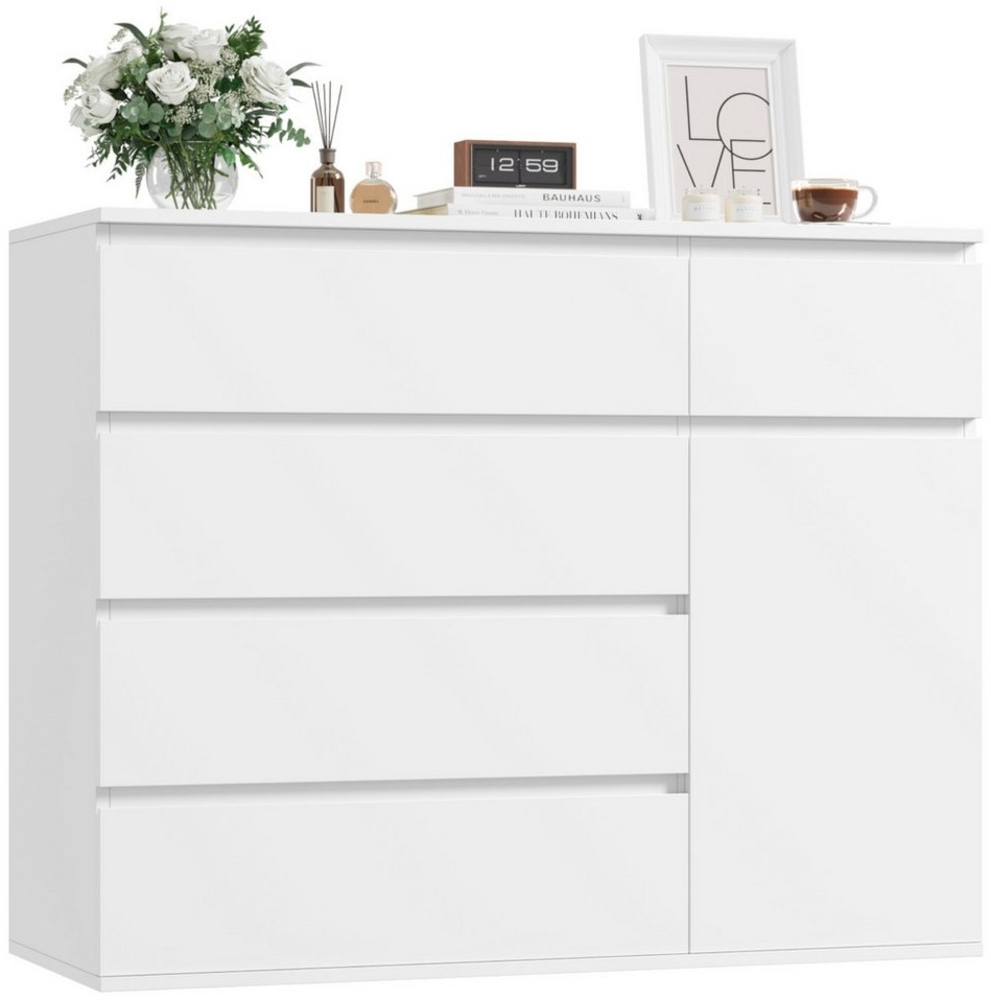 Homfa Kommode, weiß mit 5 Schubladen und 1Tür, Sideboard 100x80x40cm Bild 1