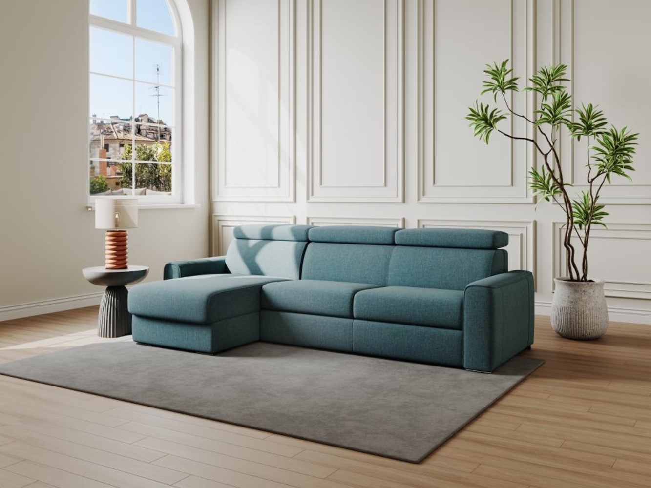 Vente-unique - Ecksofa mit Matratze - Ecke wechselbar - Stoff - Blau - Liegefläche mit Lattenrost mit breiten Latten 160 cm - Matratze 14 cm - VIZIR Bild 1