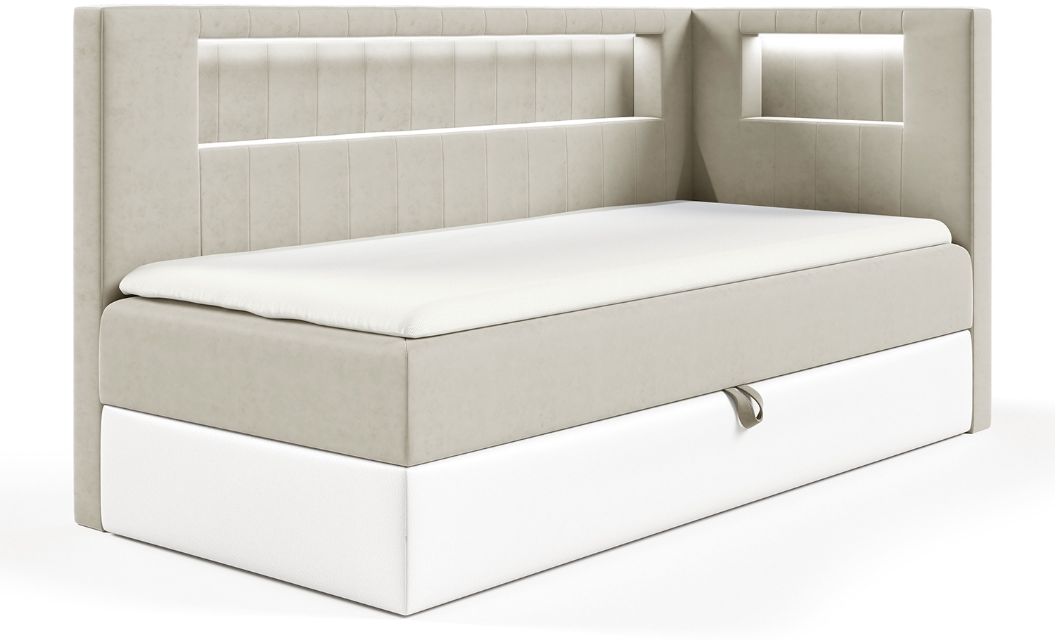 MEBLINI Kinderbett mit Bettkasten GARETH 3 90x200 Rechts - H3/Beige Samt Gepolstert Einzelbett mit Matratze - Polsterbett mit Stauraum - Bett mit Kopfteil – Stauraumbett Bild 1