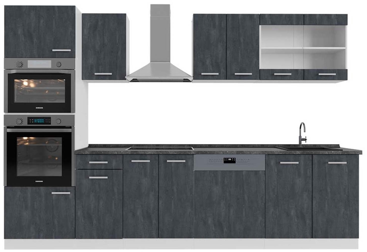 Vicco Komplettküche Schwarz Beton/Weiß 300 cm AP Anthrazit, R-Line Bild 1