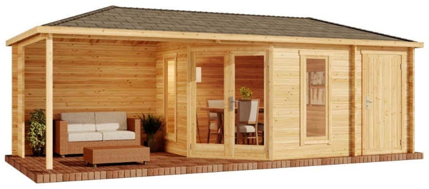 Alpholz 5-Eck Gartenhaus Liwa mit Anbau Gartenhaus aus Holz in Braun Holzhaus mit 40 mm Wandstärke inklusive Terrasse Blockbohlenhaus mit Montagematerial Bild 1