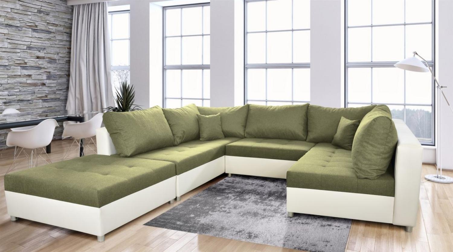 Wohnlandschaft Sofa ANDRO mit Schlaffunktion und Hocker Weiß-Lindengrün Bild 1