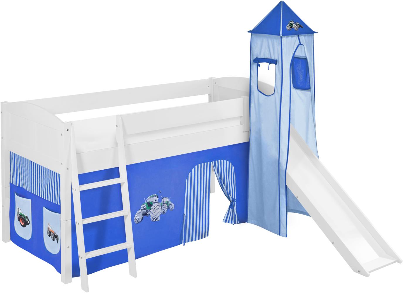 Lilokids 'Ida 4106' Spielbett 90 x 200 cm, Trecker Blau, Kiefer massiv, mit Turm, Rutsche und Vorhang Bild 1