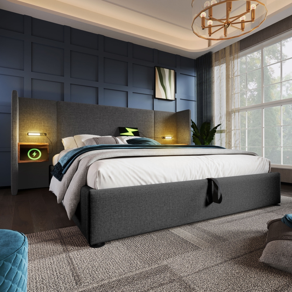 Polsterbett mit Stauraum & Ladefunktion, Bett 160x200 cm mit Touch-Leselampe, USB/Type-C Ports & Regal,Grau Bild 1