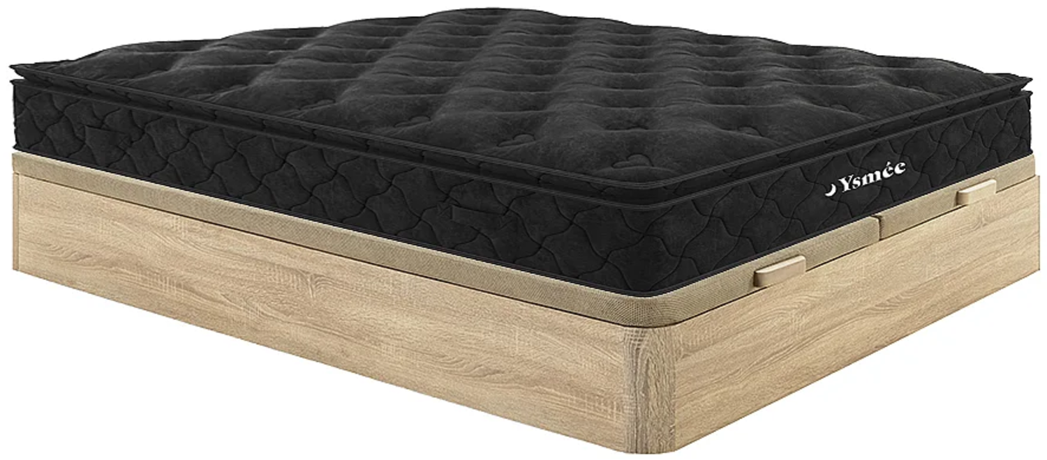 Vente-unique - Set aus Bettgestell mit Bettkasten + Taschenfederkernmatratze & Topper - 180 x 200 cm - Stärke 28 cm - Holzfarben hell - BLACK DREAM von YSMÉE Bild 1