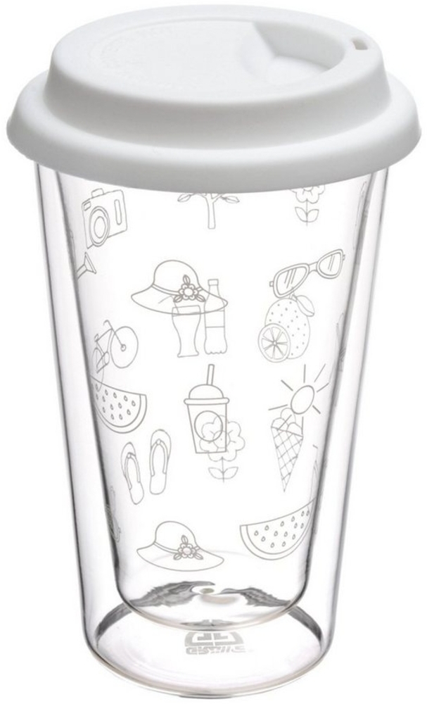 Doppelglas Becher, 300 ml, 'Sommer' mit weißem Deckel Bild 1