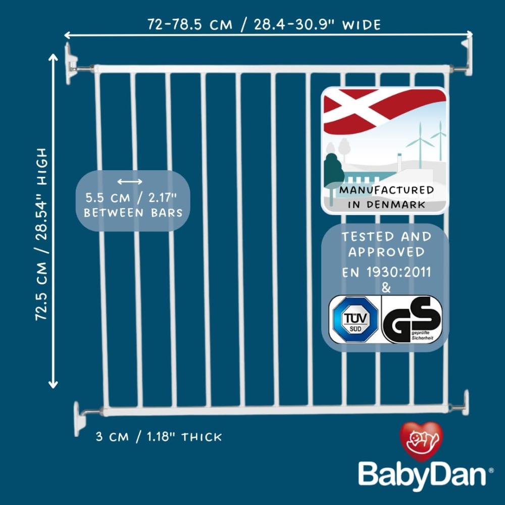 BabyDan Aarhus, 72-78,5 cm, Basic-Treppengitter/Babygitter/Sicherheitsgitter, Metall, Weiß, hergestellt in Dänemark – (Haustiergitter/Hundegitter) Bild 1