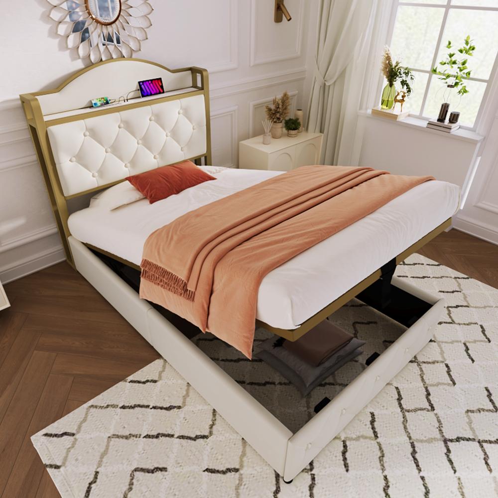 Merax Polsterbett mit USB Typ C Ladefunktion, Einzelbett 90 x 200 Stauraumbett mit Lattenrost aus Metallrahmen, HellBeige Bild 1