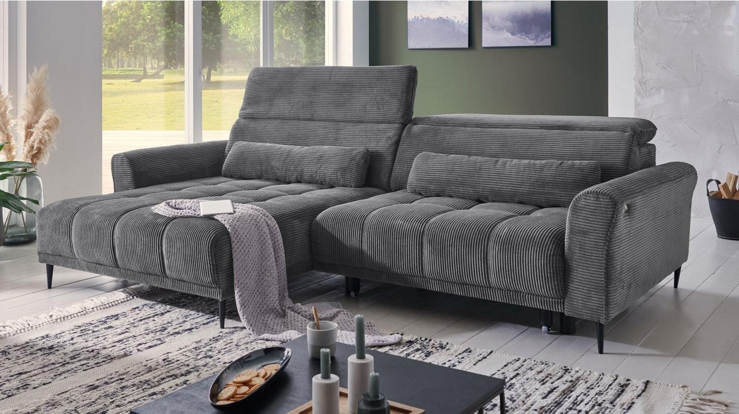 Massivart® Ecksofa LOGAN Cord grau, beige, grün, rost / 277 cm, Cordsofa / Sitztiefenverstellung / Kopfteilverstellung / Nosagfederung Bild 1