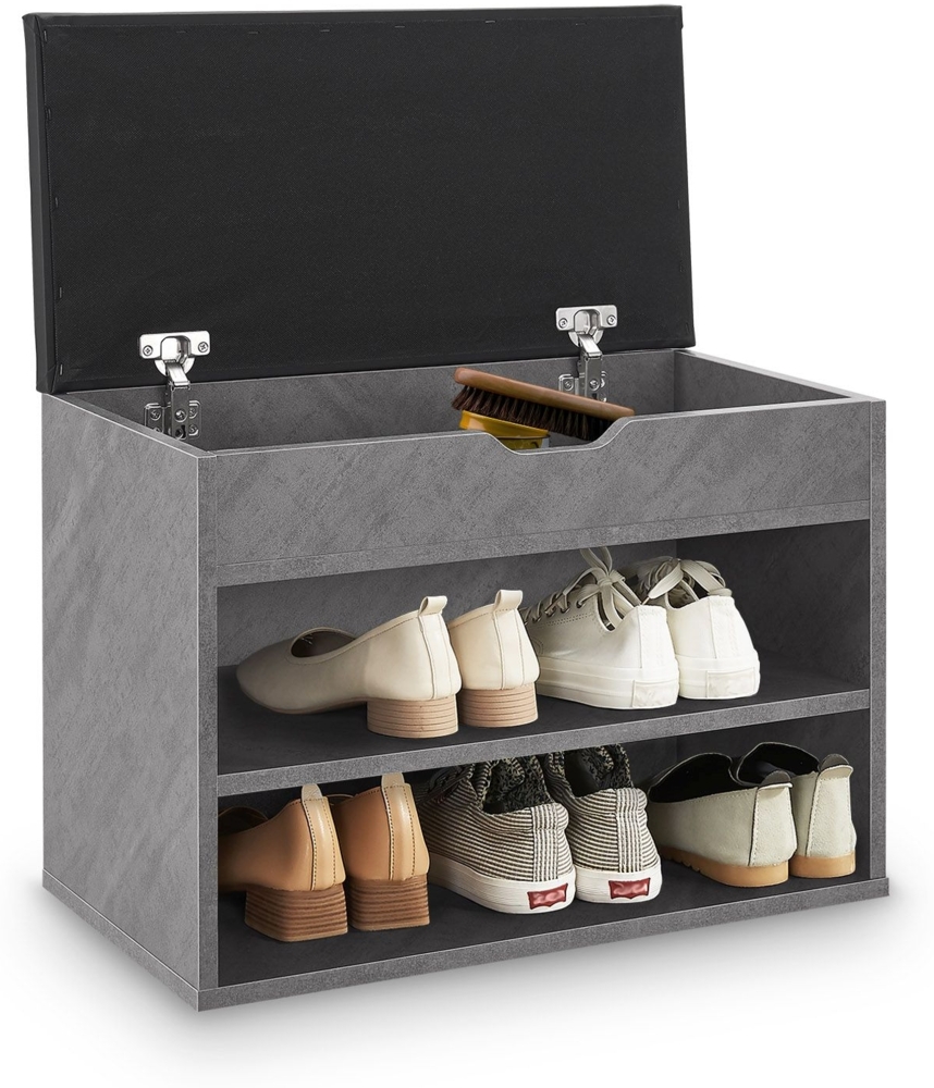 Juskys Schuhregal mit Klappdeckel und gepolstertem Sitz 60x30x44 cm - Schmale Sitzbank aus Holz mit Schuhablage und Polster - Betonoptik Bild 1