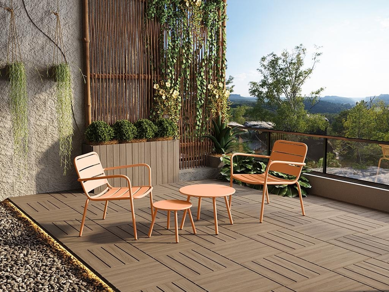 Vente-unique - Garten-Sitzgruppe: 2 niedrige, stapelbare Sessel + Beistelltische - Metall - Hellorange - MIRMANDE von MYLIA Bild 1