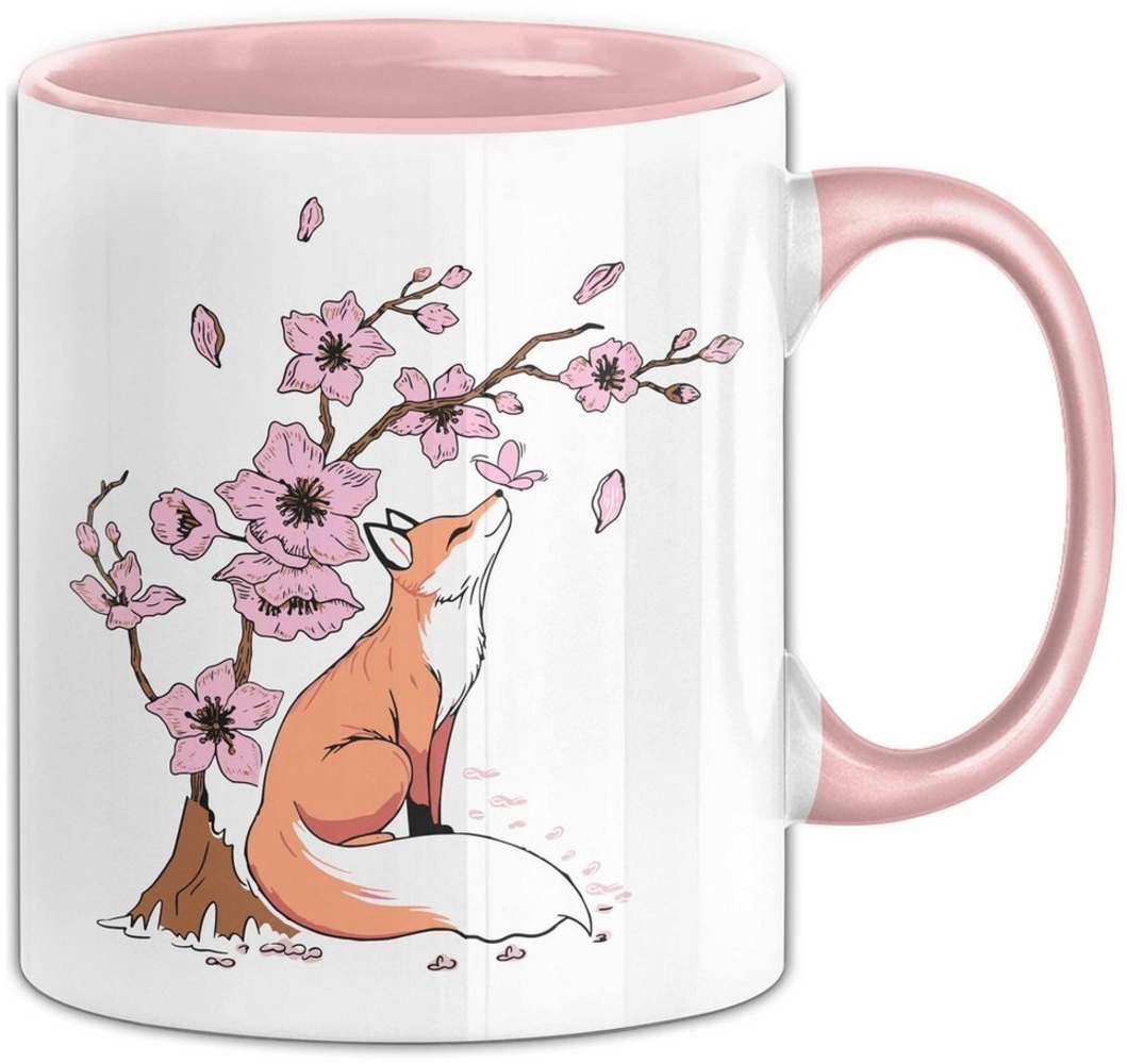 Trendation Tasse Fuchs Tasse Geschenk Fox Japanese Kirschblüte Blume Vintage Fuchs Kaff Bild 1