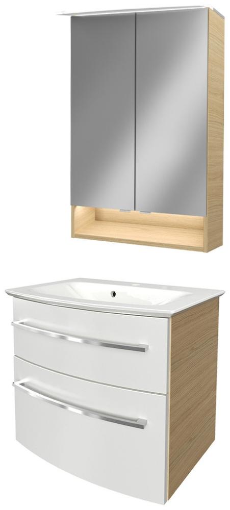 Fackelmann B.STYLE Badmöbel Set 3-teilig, 63 cm, Weiß/Braun + LED-Spiegelschrank Bild 1