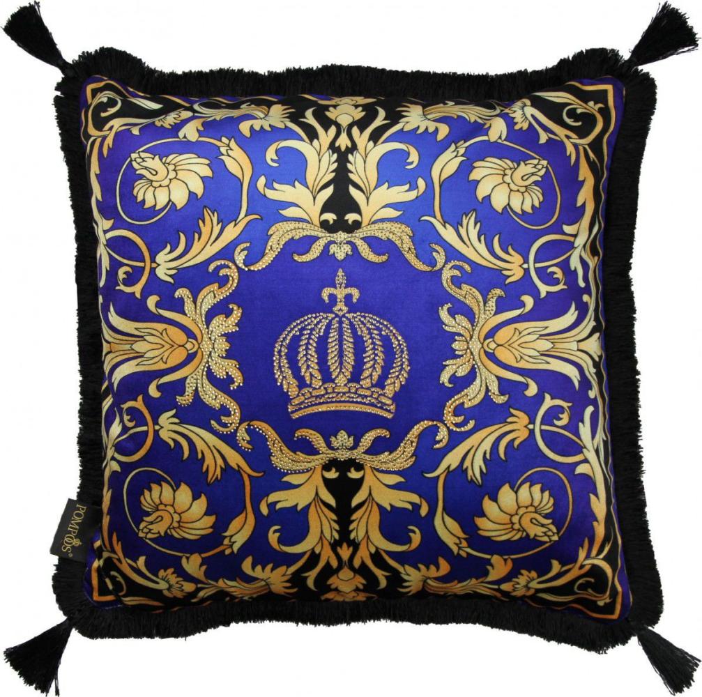 Harald Glööckler Luxus Deko Barock Kissen Pompöös by Casa Padrino Blau / Gold Krone Deluxe mit Strass Steinen und Troddeln - Glööckler Kissen Bild 1