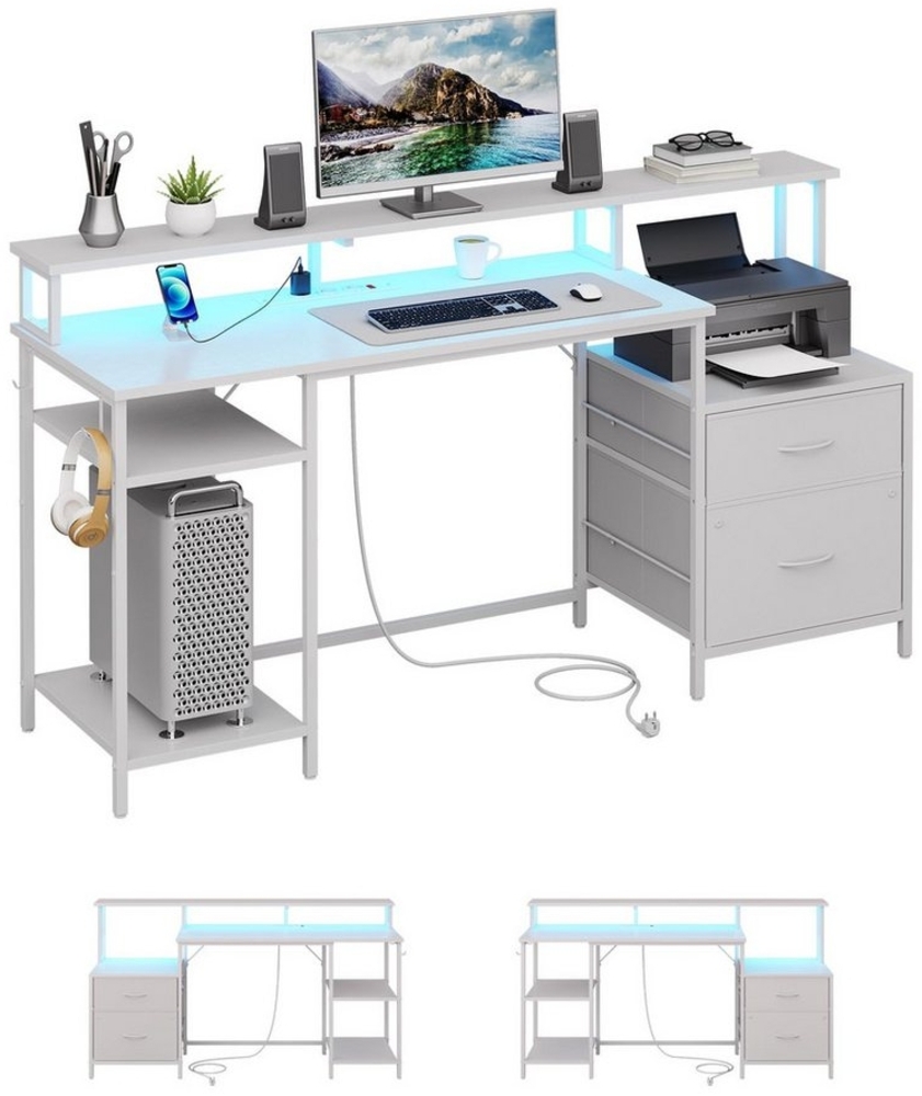 MSMASK Computertisch mit Led-Licht, Steckdose, USB-Anschlüsse, Seitenschrank (1-St), 163*89*46cm, Weiß Bild 1