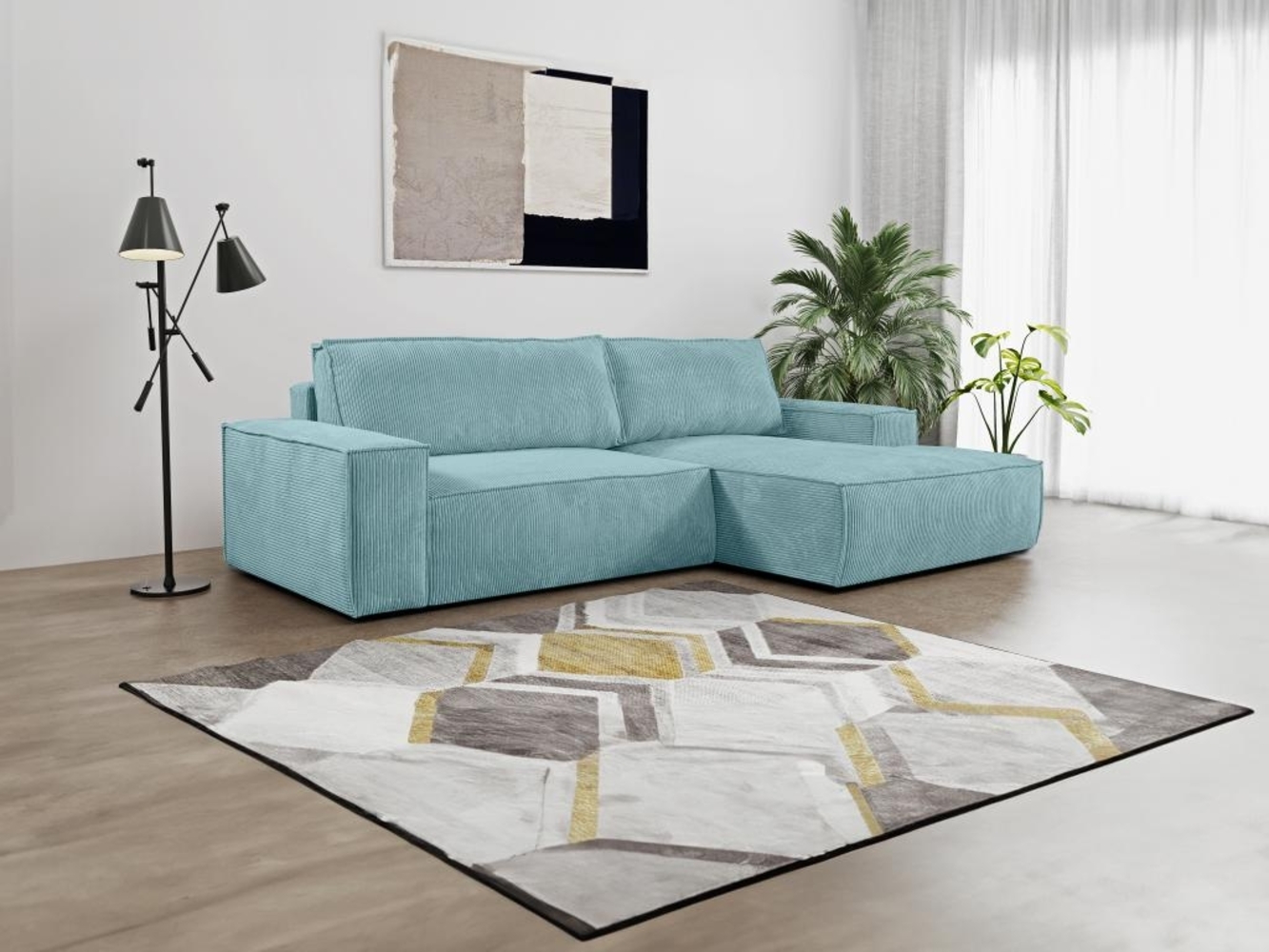 Vente-unique - Ecksofa mit Schlaffunktion - Ecke Rechts - Cord - Türkisblau - AMELIA Bild 1