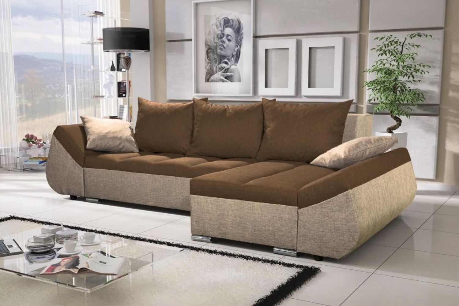 Ecksofa Sofa KLEO mit Schlaffunktion Beige-Schokobraun Ottomane Rechts Bild 1