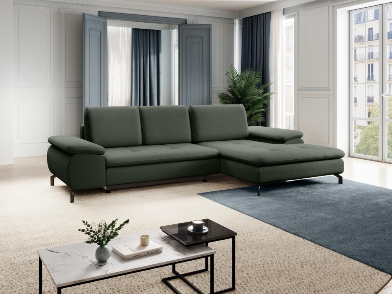 Vente-unique - Ecksofa mit Schlaffunktion - Ecke rechts - Strukturstoff - Grün - ARCHIBALD Bild 1