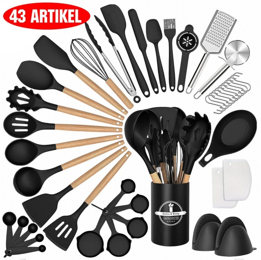 PFCTART Kochbesteck-Set 43 Stück Antihaft Hitzebeständige Silikon Kochutensilien Set (mit Holzgriff zum Backen Kochen und Mische), Beste Küchenutensilien mit Halter Bild 1