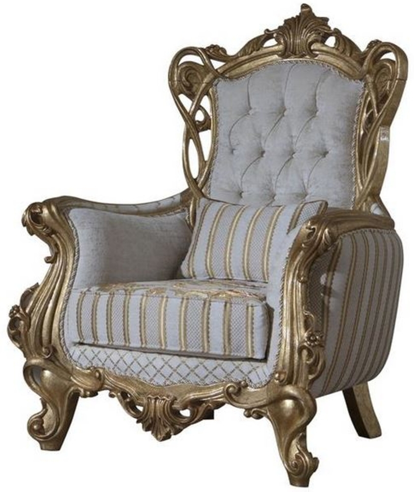 Casa Padrino Luxus Barock Sessel Weiß / Gold 100 x 80 x H. 124 cm - Wohnzimmer Sessel mit elegantem Muster und dekorativem Kissen - Barock Möbel - Edel & Prunkvoll Bild 1