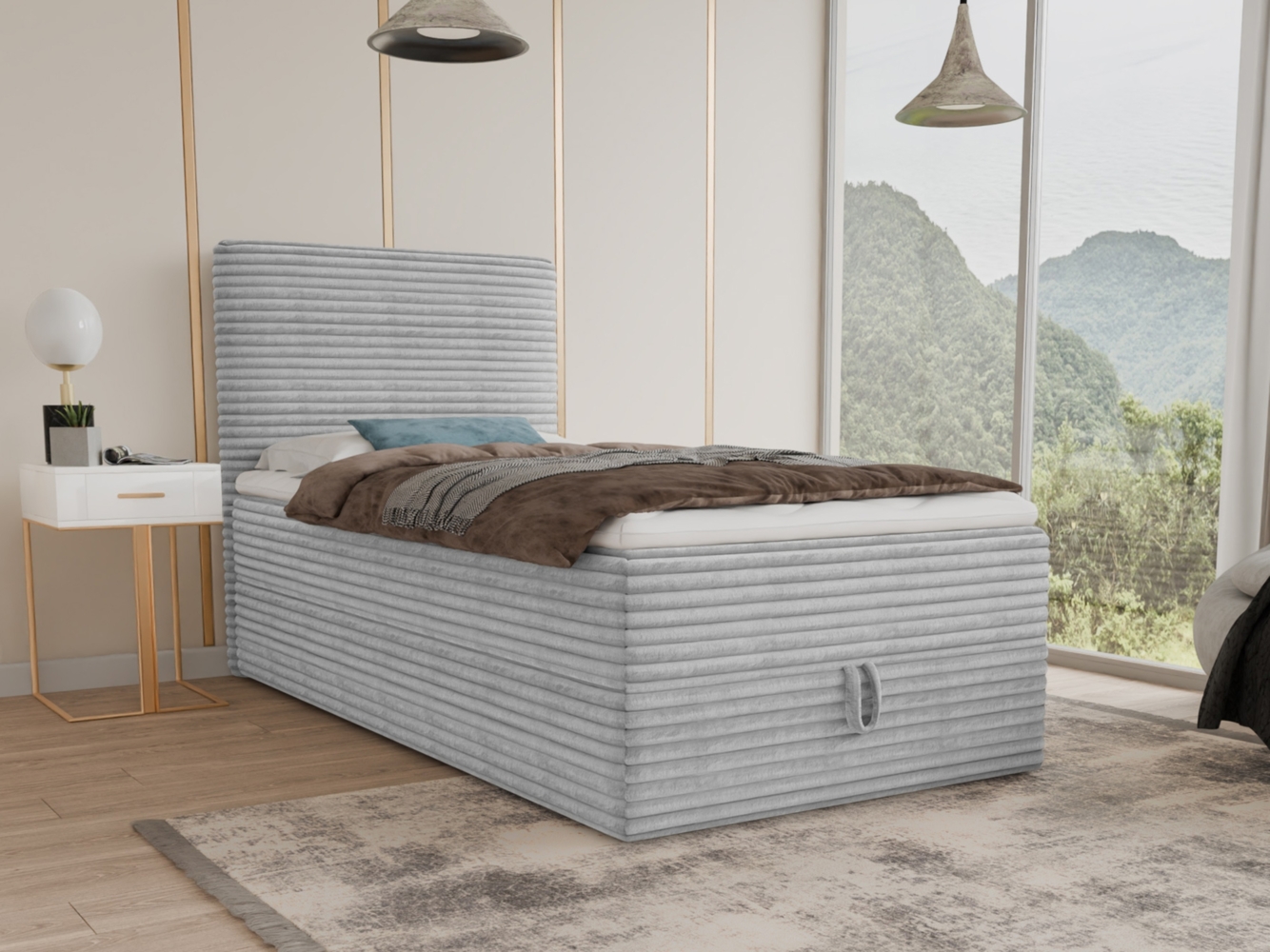 Boxspringbett Mollo Mini mit Bettkasten und Matratzentopper - Einzelbett mit Bonell-Matratze und Topper, Polsterbett in weichem Cordstoff, Bett, Schlafzimmer (Grau (Tilia 86), 80 x 200 cm) Bild 1