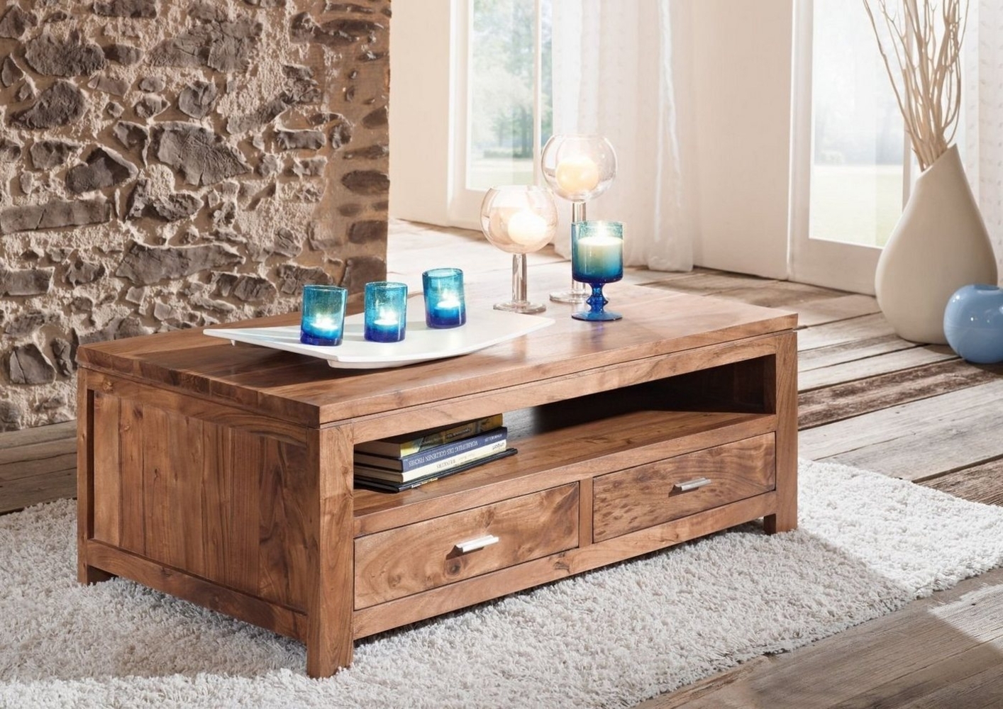 Massivmoebel24 Couchtisch SHAMAN (Massivholz, Massivholztisch), Couchtisch Akazie 110x60x40 golden honey lackiert SHAMAN #74 Bild 1