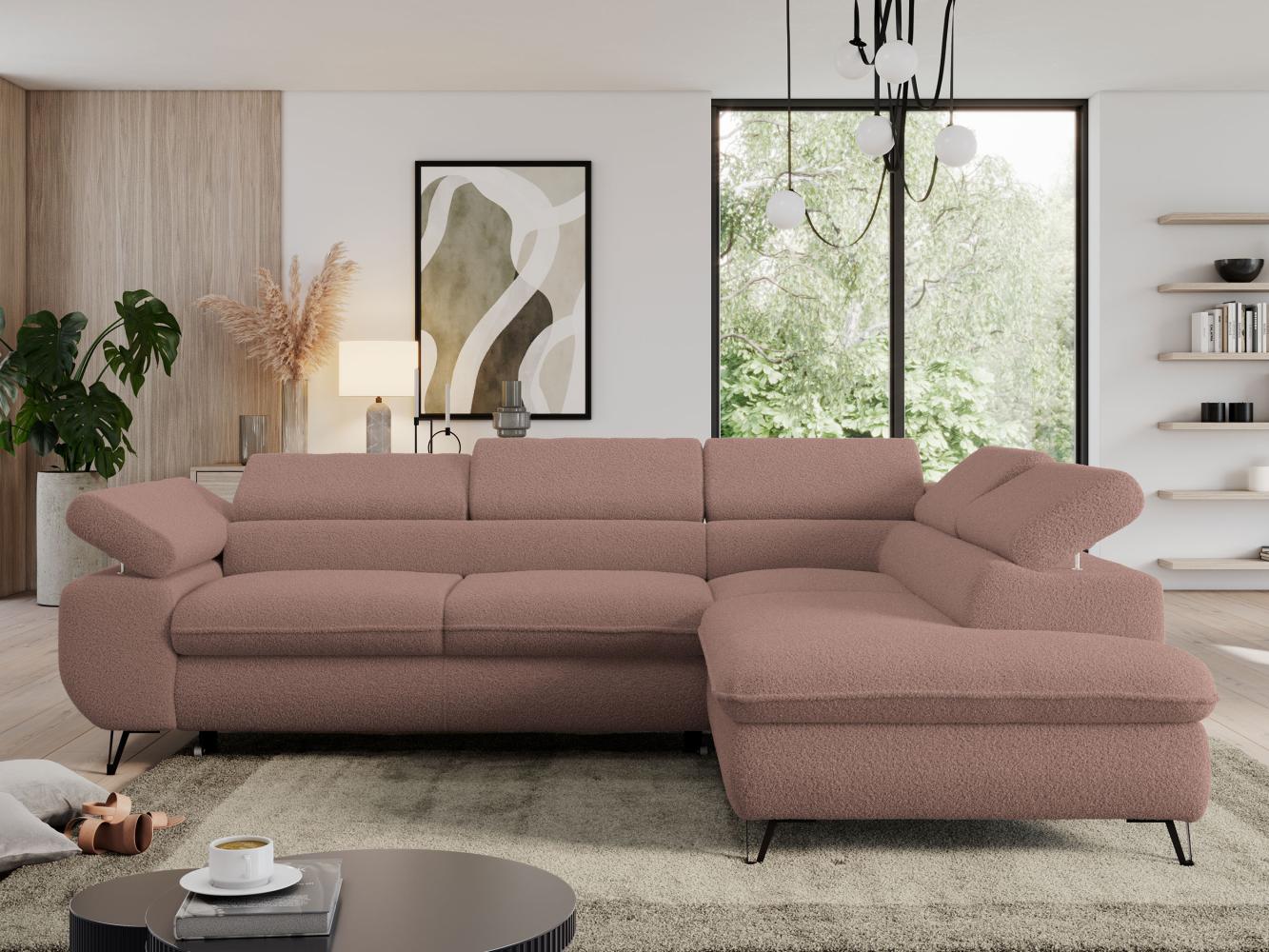 Ecksofa mit Bettfunktion, Modern Sofa, L-form, Einstellbare Kopfstützen, Bettkasten, PEDRO, 1x Ecksofa, Rosa, Boucle, rechts Bild 1