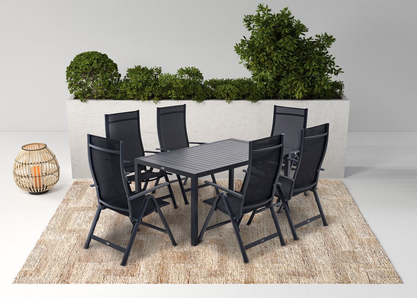 KONIFERA Garten-Essgruppe Messina, (Set, 7-tlg, 6x Sessel, 1x Tisch 160x90x74 cm, Aluminium, Textilgewebe), klappbar, 7-fach verstellbare Rückenlehne, Tischplatte aus Alulatten Bild 1