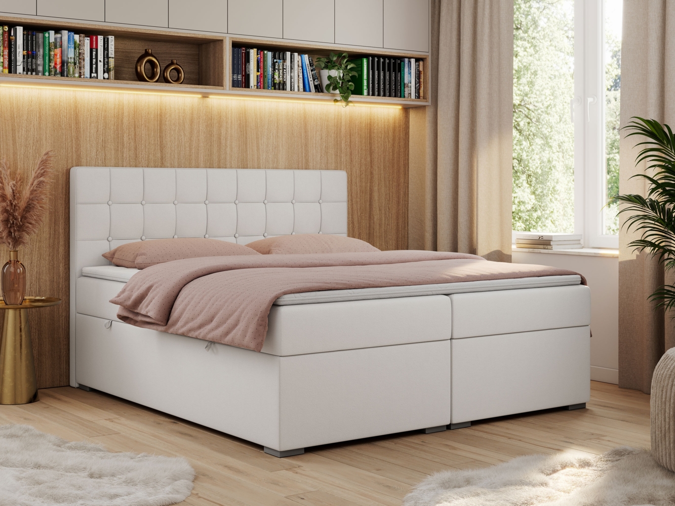 Boxspringbett, Doppelbett, Polsterbett mit Kopfstütze - CARMEN - 180x200cm - Weiß Kunstleder - H4 Bild 1