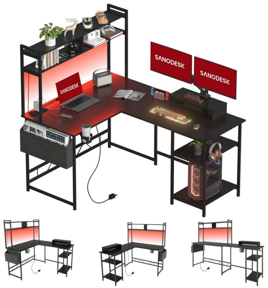 SANODESK Computertisch Gaming Tisch L-Form Schreibtisch Jugendschreibtische (L-förmiger Schreibtisch, mit Regal), mit LED-Beleuchtung, 2 Steckdosen & 2 USB-Anschlüsse Bild 1