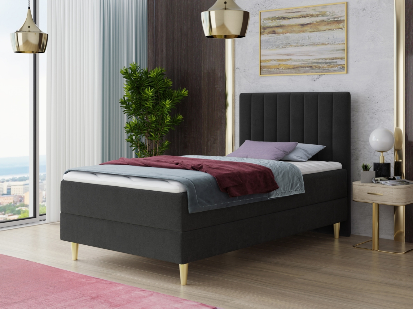 Boxspringbett Gold Mini mit Bettkasten, Bonell-Matratze und Topper - Einzelbett mit Matratzentopper, Polsterbett, Bett, Schlafzimmer, Jugendzimmer, Velours Stoff (Schwarz (Manila 18), 90 x 200 cm) Bild 1