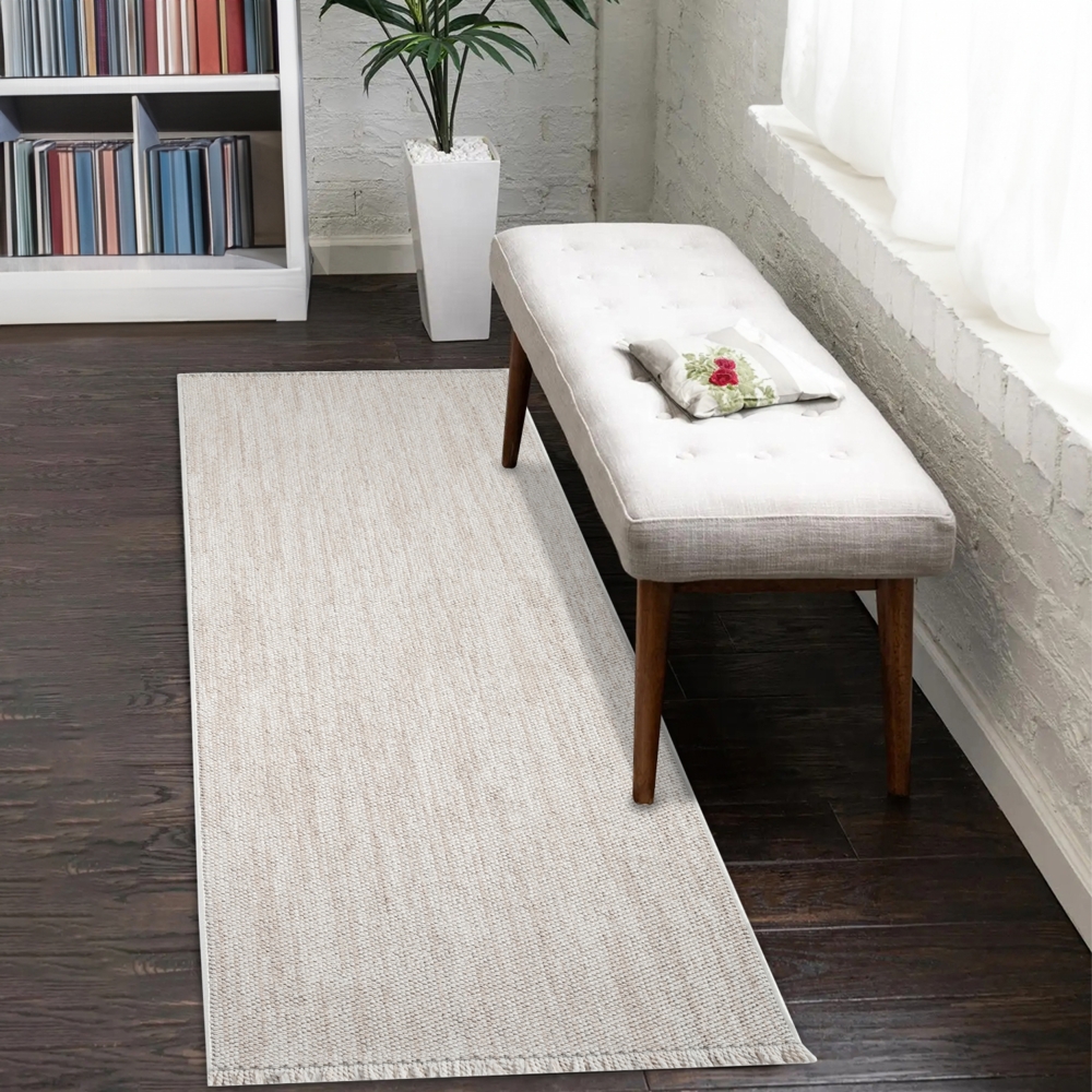 Teppich Läufer - 80x300cm - Beige Creme - Boho-Style mit Fransen - Modern Uni - Flachflor Wohnteppich Schlafzimmer Deko Bild 1