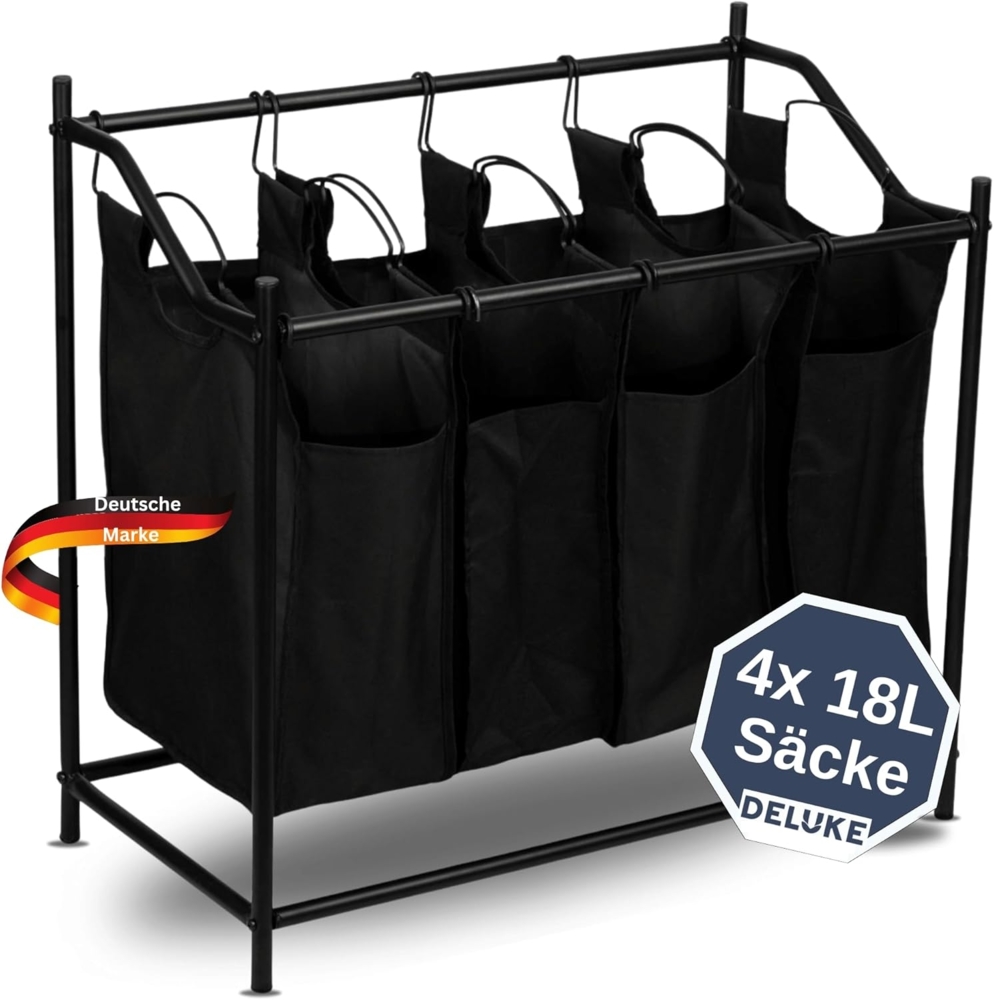 DELUKE® Wäschekorb 4 Fächer - 4x18 L Taschen Wäschesammler 4 Fächer Abnehmbare Wäschesäcke Metallgestell für Waschküche Wäschekorb Wäschestation 75 x 78 x 40 cm Schwarz Bild 1