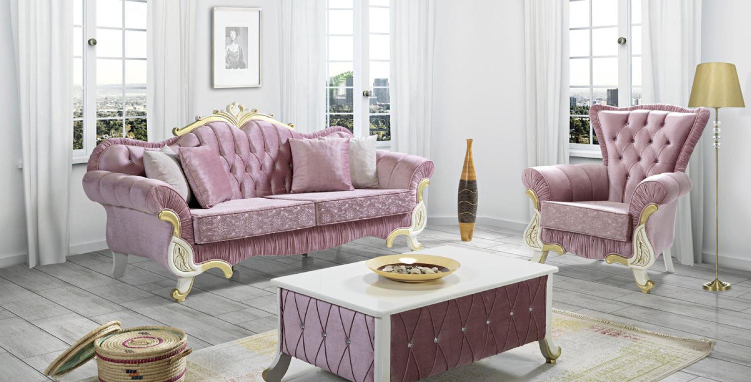 Casa Padrino Barock Wohnzimmer Set Rosa / Weiß / Gold - 2 Sofas & 2 Sessel & 1 Couchtisch - Wohnzimmer Möbel im Barockstil - Edle Barock Möbel Bild 1