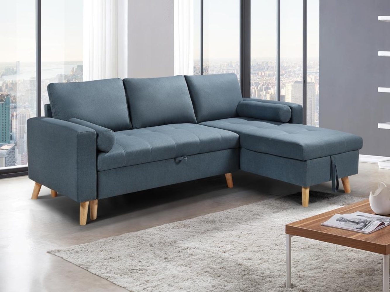 Vente-unique - Ecksofa mit Schlaffunktion & Bettkasten + Sessel - Stoff - Blaugrün - KORI Bild 1