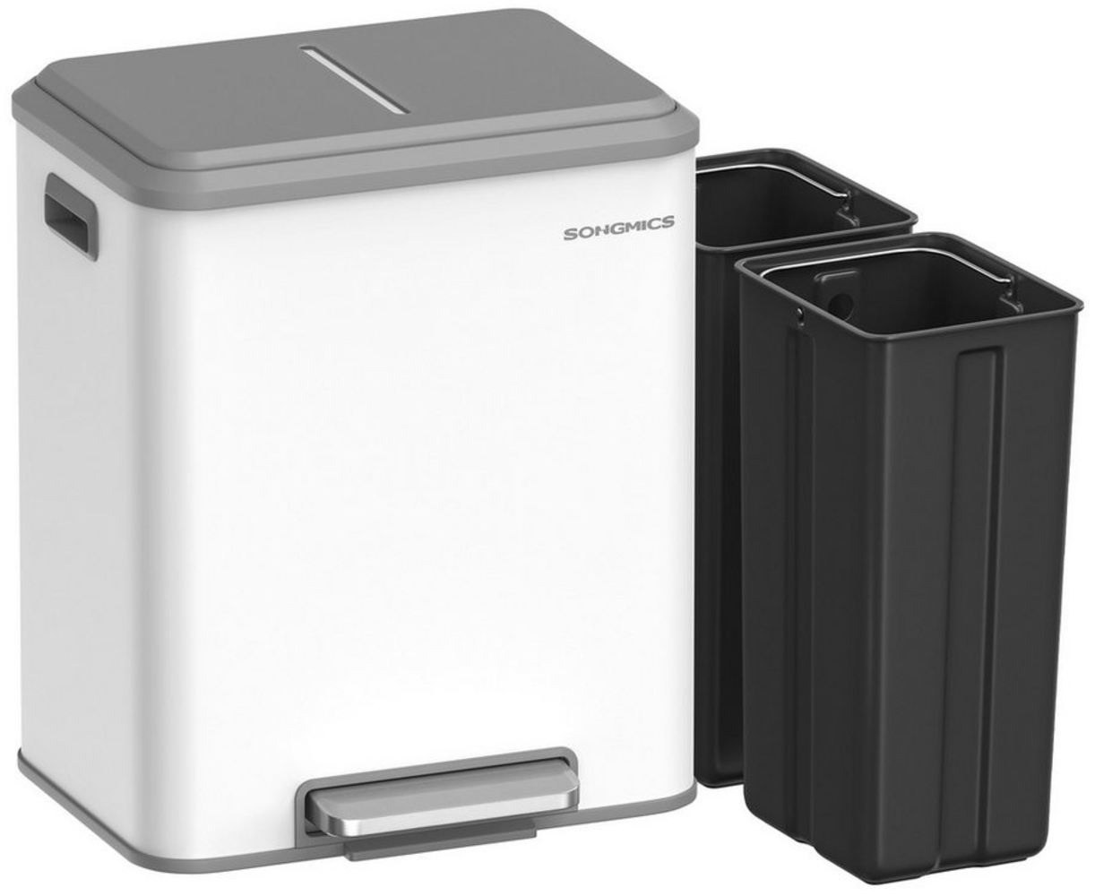 Songmics Mülleimer Küche, Mülltrennsystem 2x15 L, 2 Fächer für Recycling und Restmüll, Abfalleimer, Inneneimer, Stahl, Softclose-Deckel, breites robustes Pedal, wolkenweiß LTBDE544W02 Bild 1