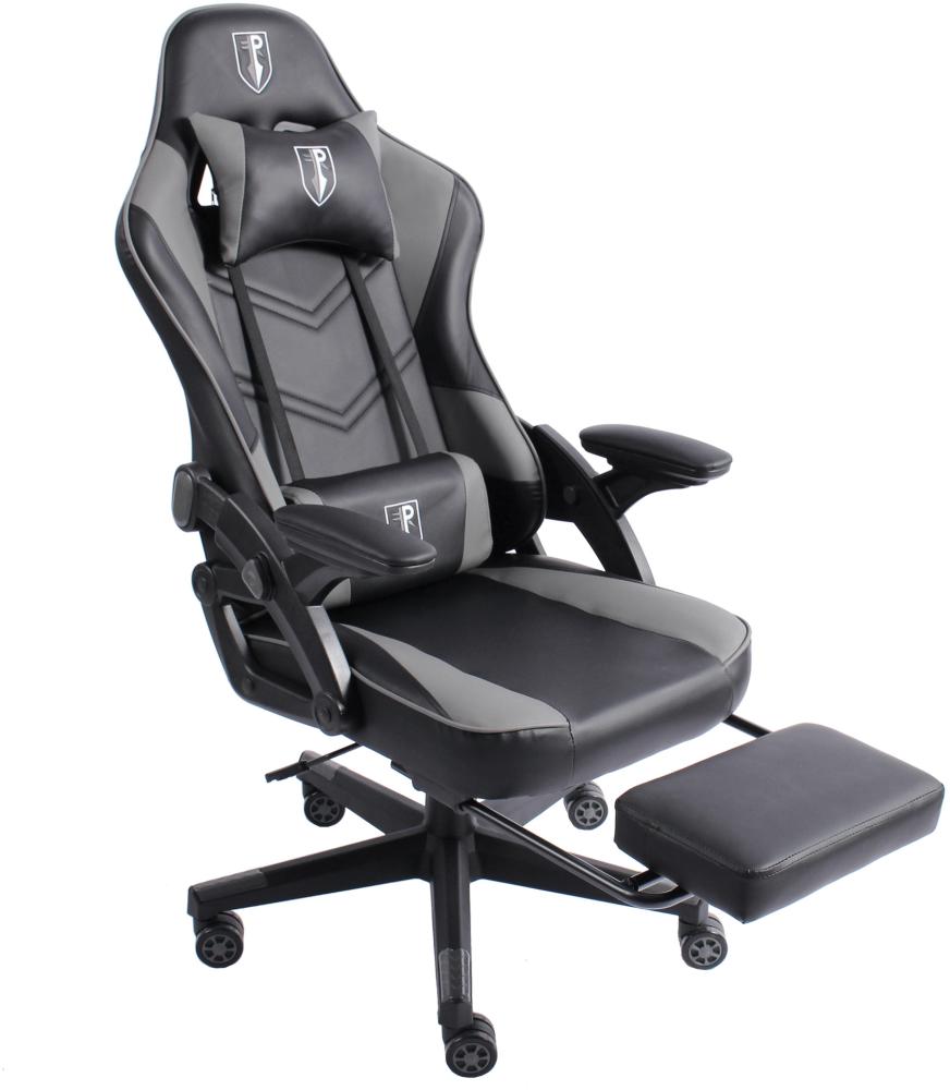 B-WARE Gaming Stuhl im modernen Racing-Design mit ausziehbarer Fußstütze Gaming Chair mit verstellbaren Design Armlehnen ergonomischer Schreibtischstuhl mit extra Stützkissen Schwarz/Grau Bild 1