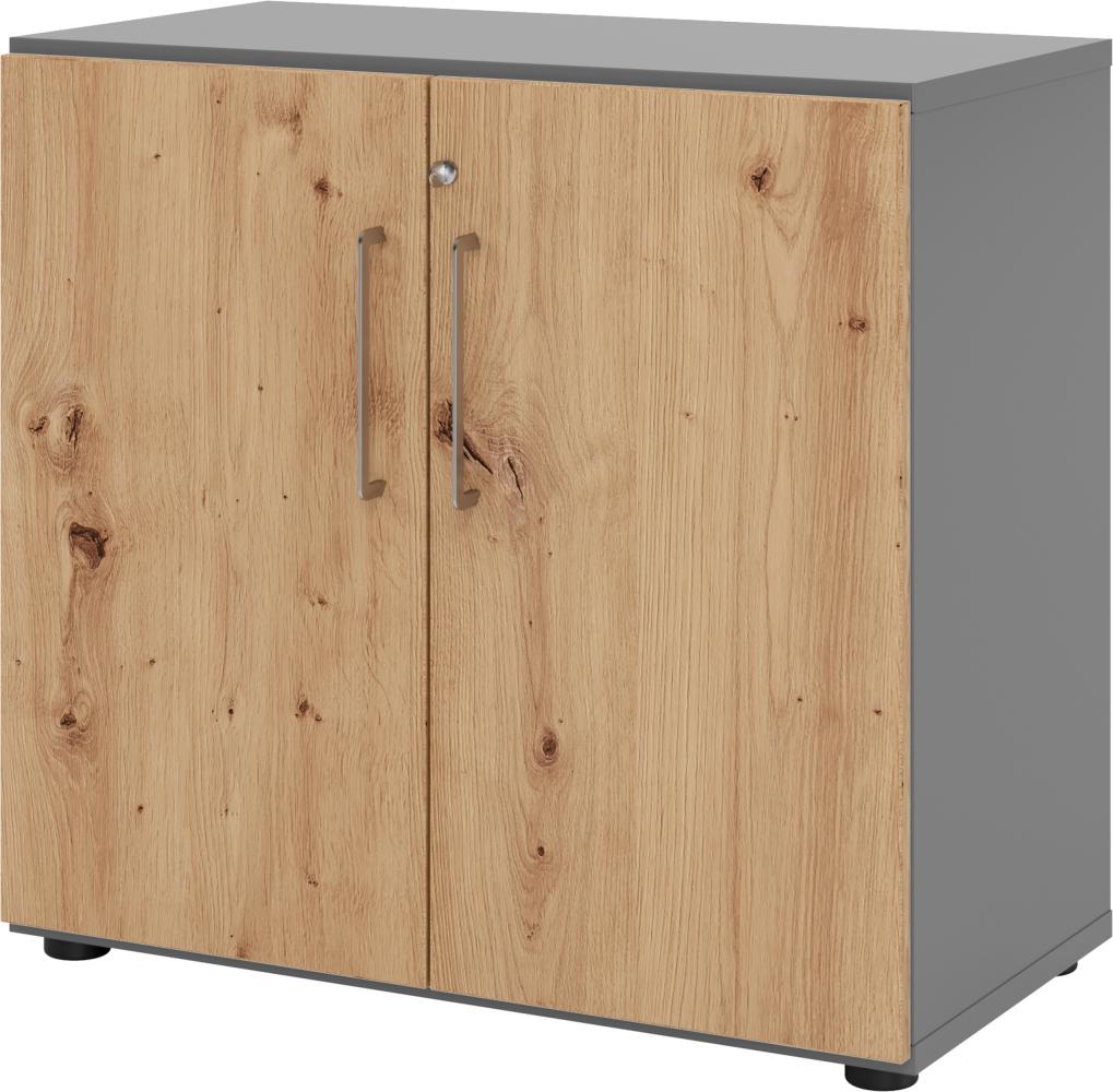 bümö Aktenschrank abschließbar, Büroschrank Holz 80cm breit in Graphit/Asteiche - abschließbarer Schrank mit Aktenregal für's Büro & Arbeitszimmer, Büro Möbel Ordnerschrank mit Schloss, 928T2-G-R-BS Bild 1