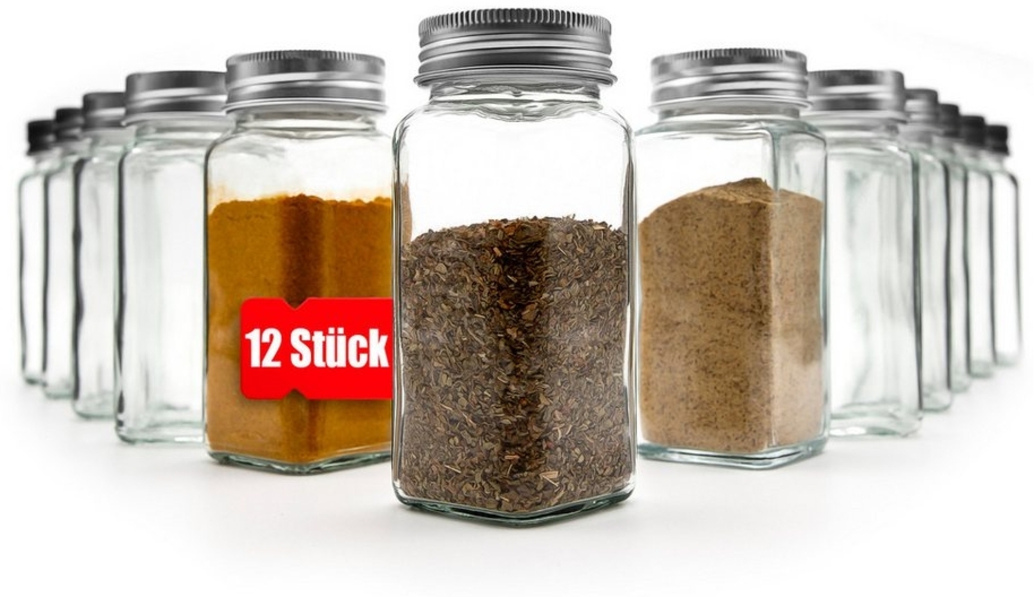 BigDean 12er Set Gewürzgläser eckig - luftdichte Gewürzdosen lebensmittelecht mit zwei Streueinsätzen - ideal für Gewürzaufbewahrung Bild 1