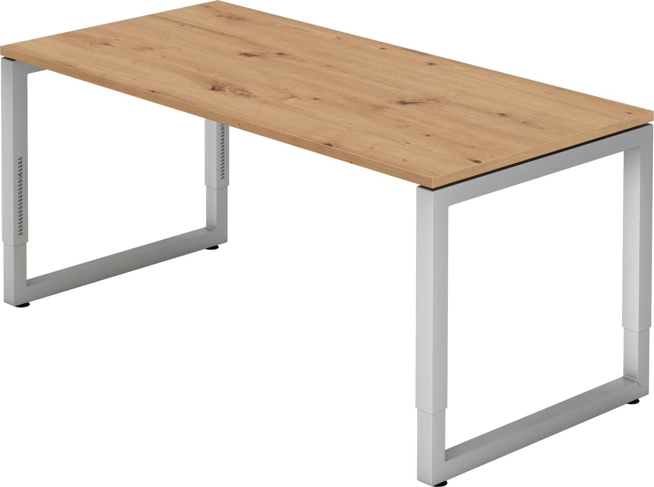 bümö höhenverstellbarer Schreibtisch R-Serie 160x80 cm in Asteiche, Gestell in Silber - PC Tisch für's Büro manuell höhenverstellbar, Computertisch verstellbar, RS-16-R-S Bild 1