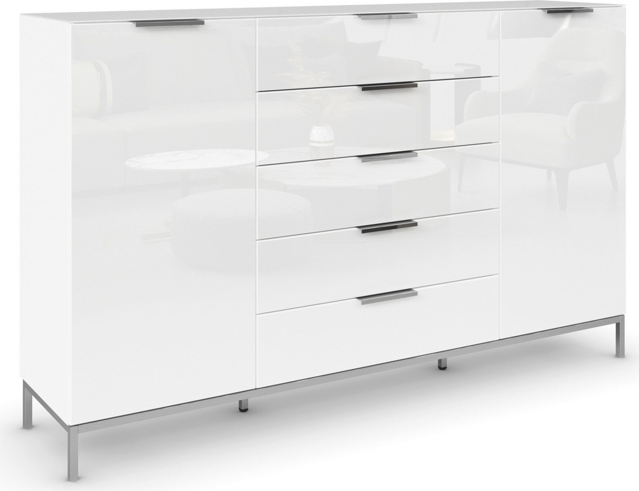 rauch Schubkastenkommode Kommode Türkommode Sideboard Kombikommode FLIPP mit Glasfront (Breite 160/180 cm mit 4 Einlegeböden), 2-türig, 5 Schubladen, Soft-Close, Oberboden und Front Glas, 2 Breiten Bild 1