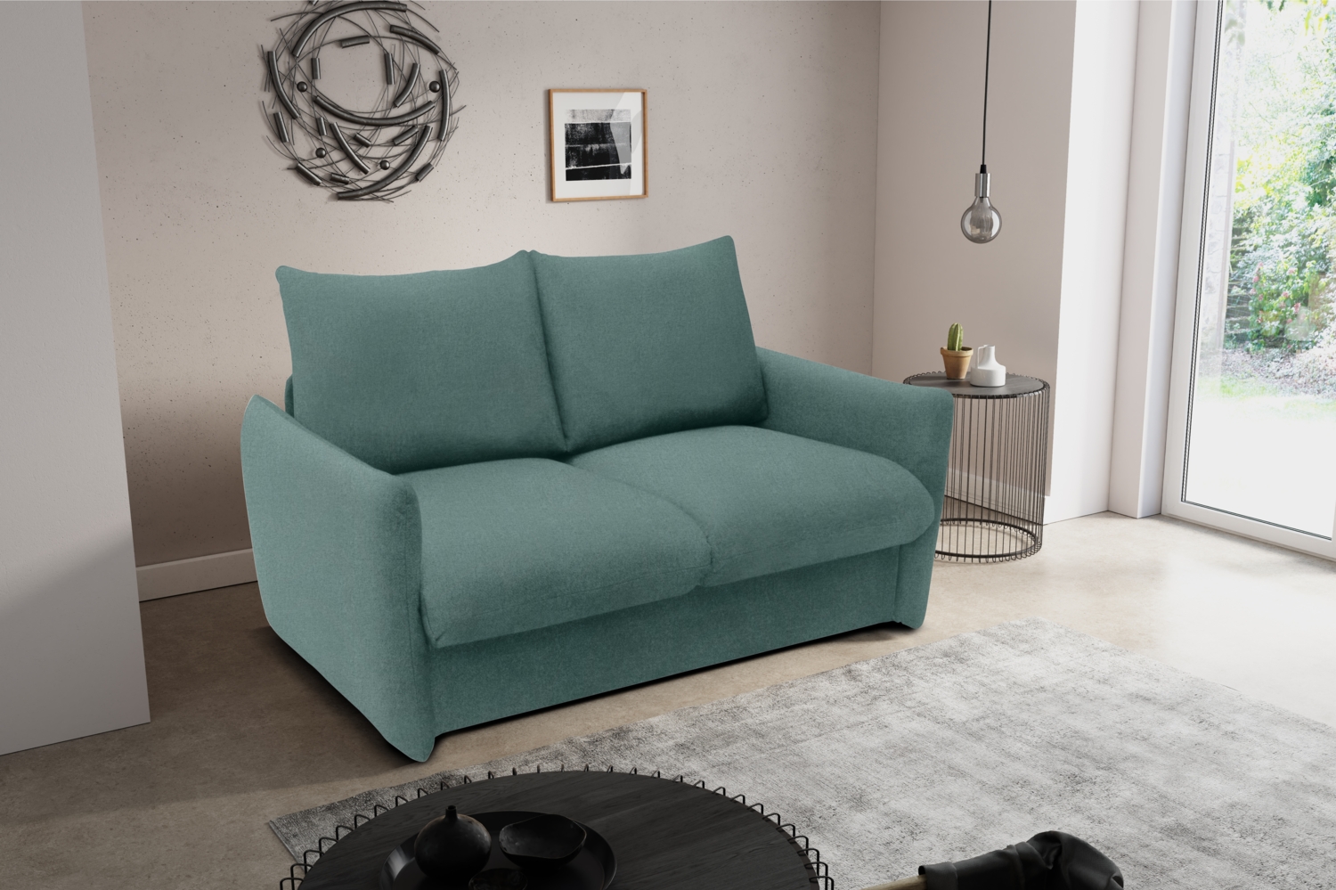 DOMO. collection Sofa 700023, 2 Sitzer, Schlaffunktion, Federkern, Füße mit Filzgleitern, 2er Couch, Schlafsofa, Polstergarnitur, 165 x 100 x 95 (BxTxH), blau (petrol) Bild 1