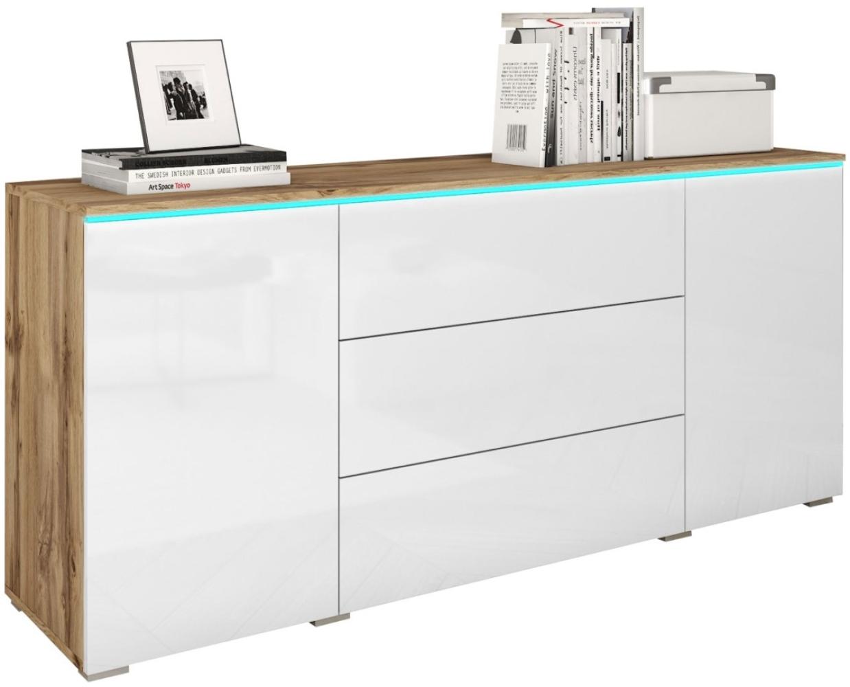 Kommode Sideboard Vera 150x39,5x68cm Wotan Eiche weiß hochglanz 2-türig grifflos Bild 1