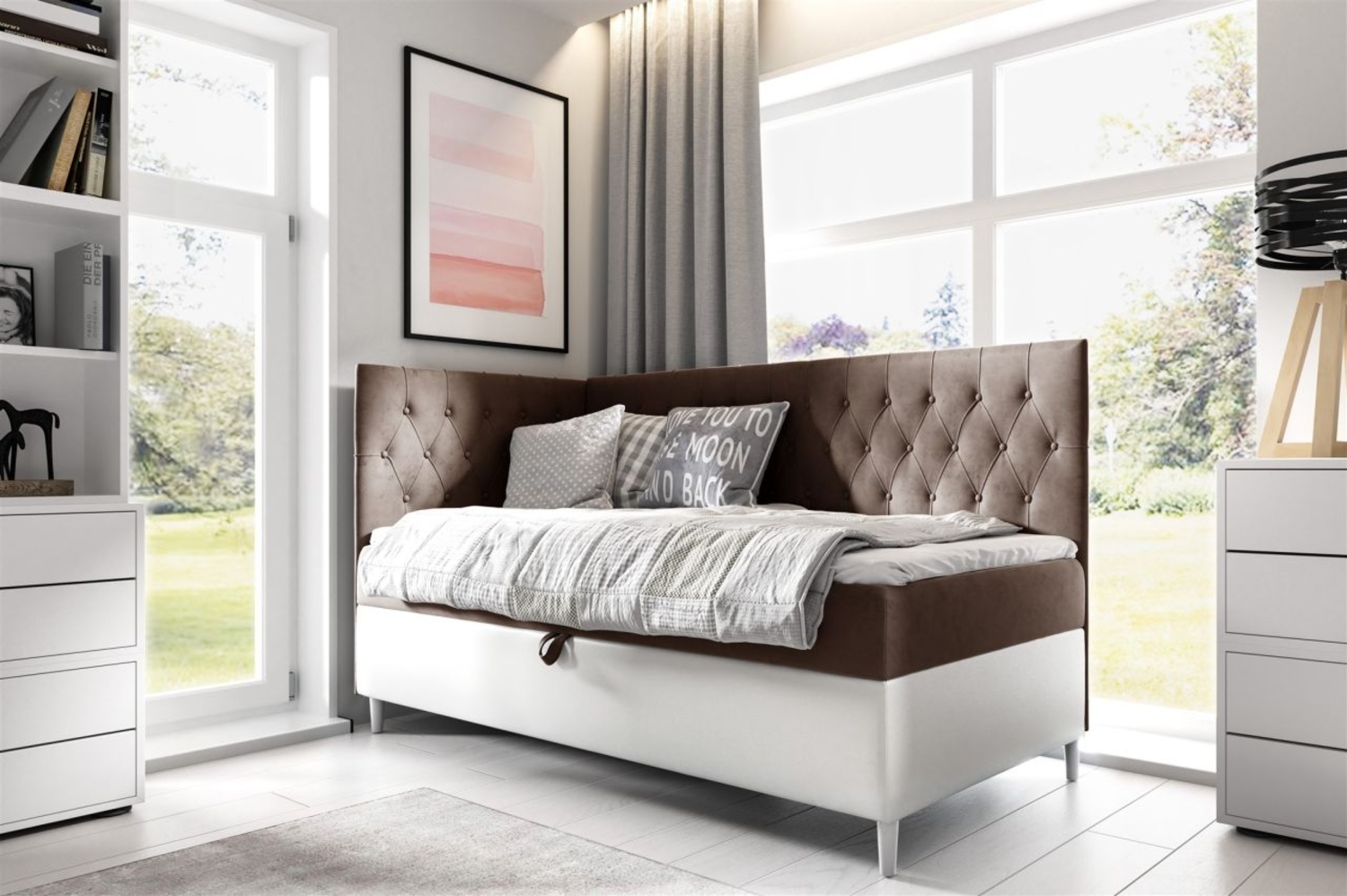 Boxspringbett Gästebett Kinderbett FINJA Nr. 3 90x200cm Weiss-Braun Seite Links Bild 1