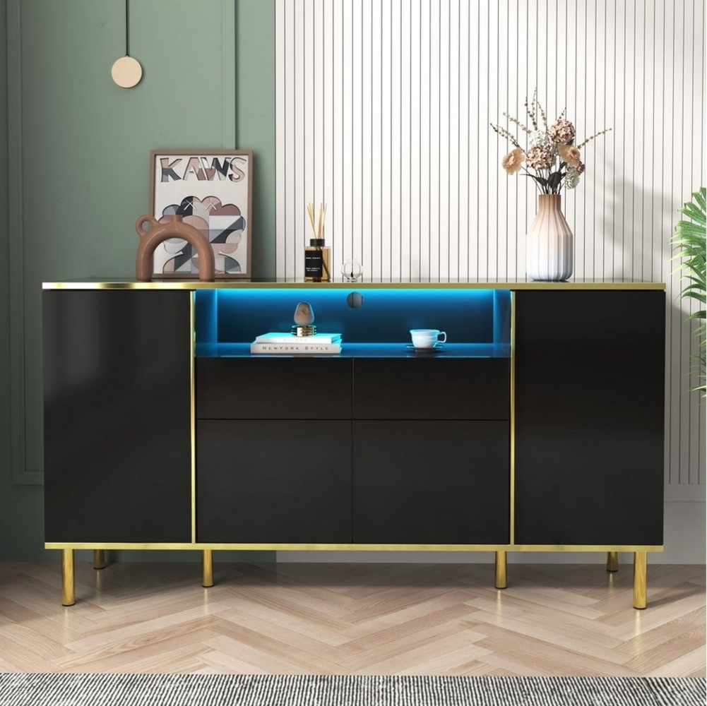 Merax Sideboard, hochglanz mit LED,Kommode mit goldenen Rahmen,Anrichte,Breite 150cm Bild 1