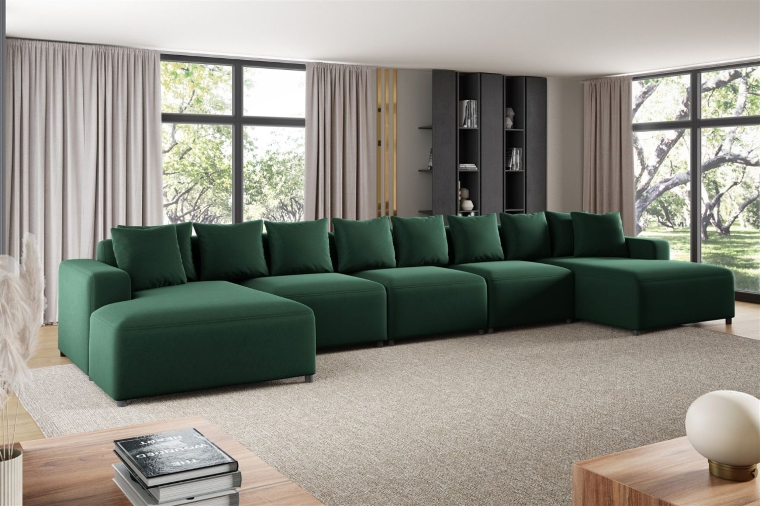 Wohnlandschaft Sofa U-Form Designersofa MEGAN XL in Stoff Salvador Dunkelgrün Bild 1