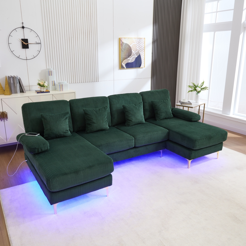 LVHOM U-Form Ecksofa mit Schlaffunktion & LED-Beleuchtung, Wohnzimmersofa mit USB-Anschluss, Cord Stoff Couch Sofa Bild 1