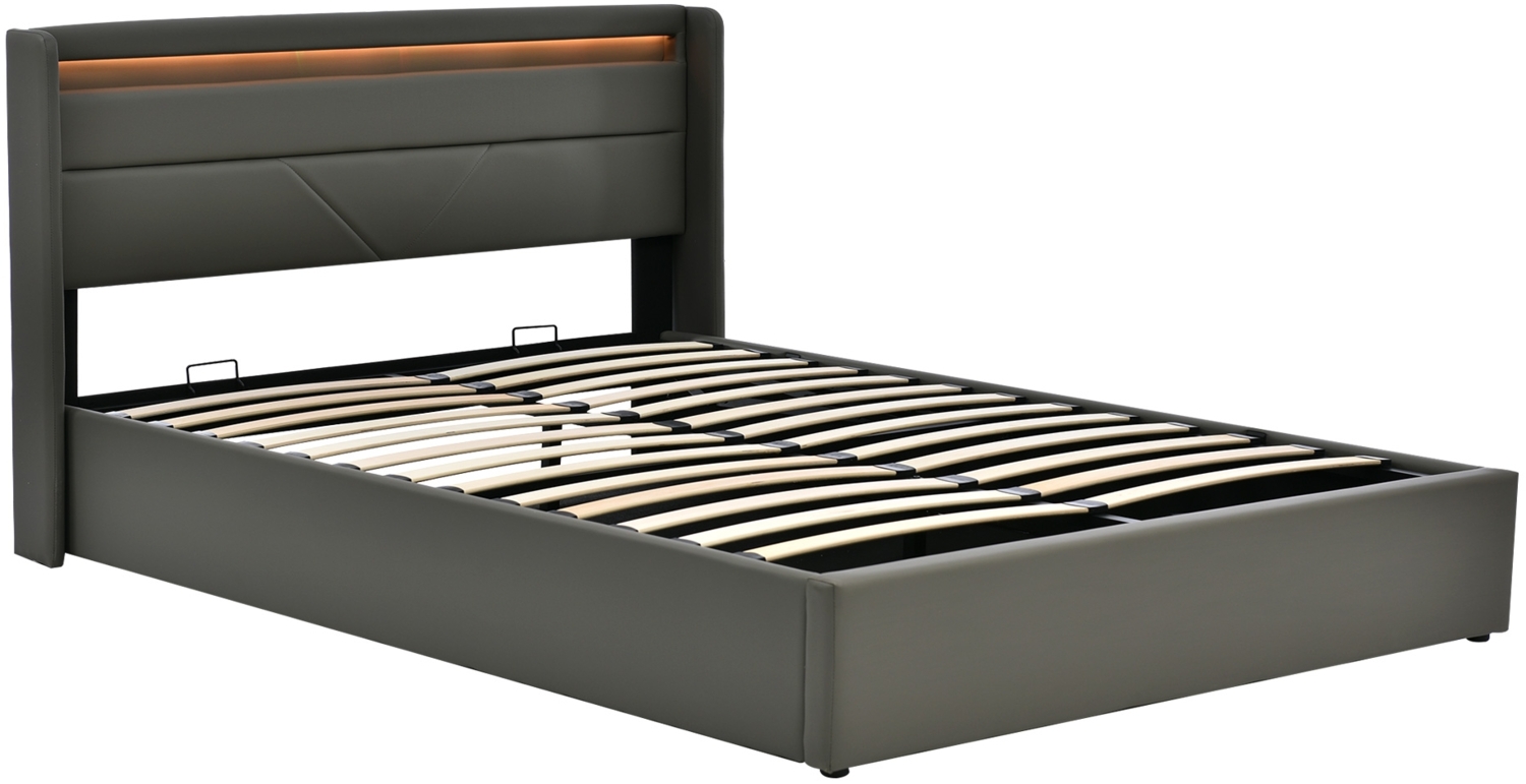 Merax LED 140x200 Hydraulisches Polsterbett aus Kunstleder Funktionsbett Doppelbett mit Lattenrost Grau Bild 1